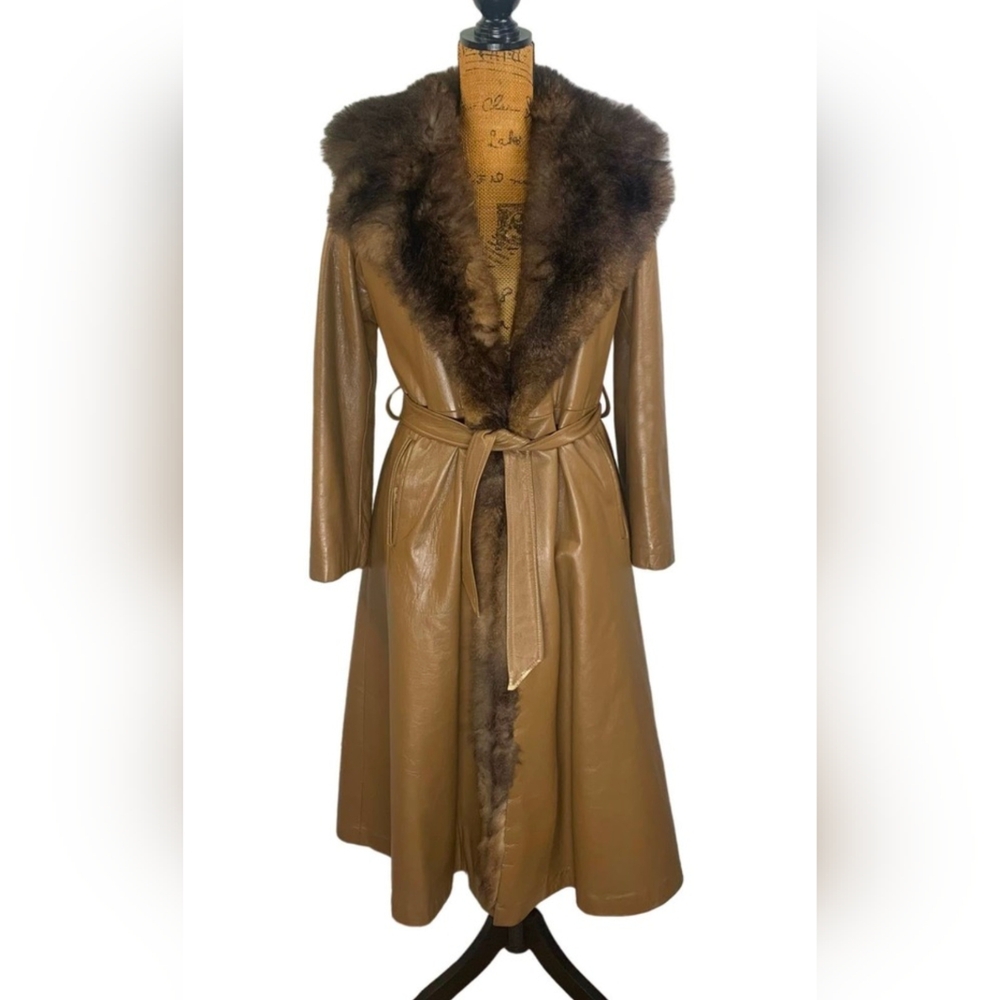 VINTAGE Fully Fur Lined Leather Trench Coat W/Belt Penny Lane NFR
